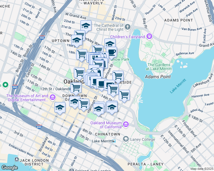 map of restaurants, bars, coffee shops, grocery stores, and more near 1500 Harrison Street in Oakland