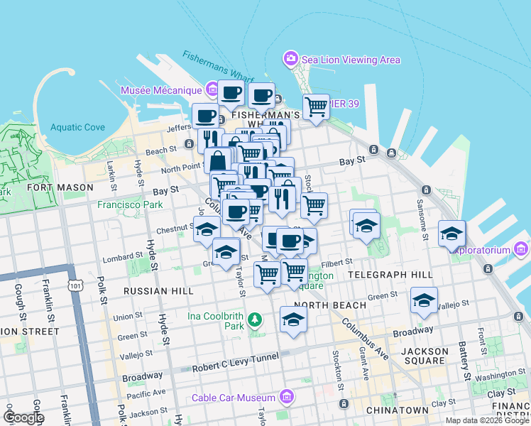 map of restaurants, bars, coffee shops, grocery stores, and more near in San Francisco