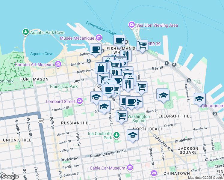 map of restaurants, bars, coffee shops, grocery stores, and more near in San Francisco