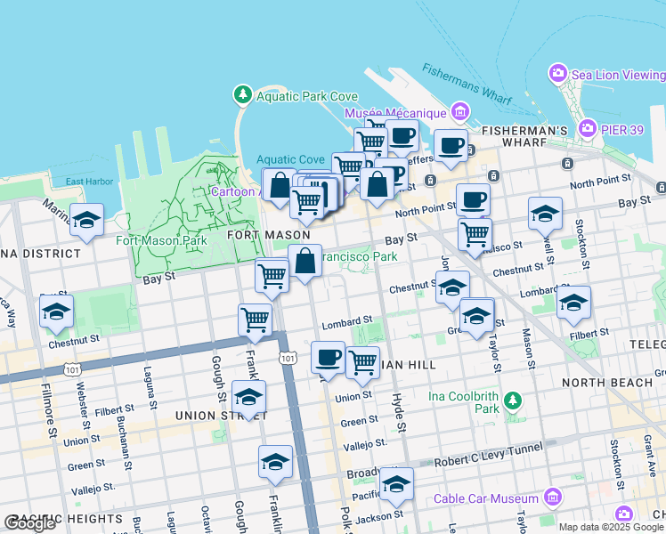 map of restaurants, bars, coffee shops, grocery stores, and more near 930 Bay Street in San Francisco