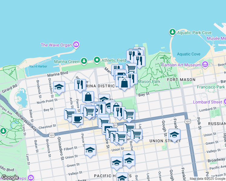 map of restaurants, bars, coffee shops, grocery stores, and more near 1539 Beach Street in San Francisco