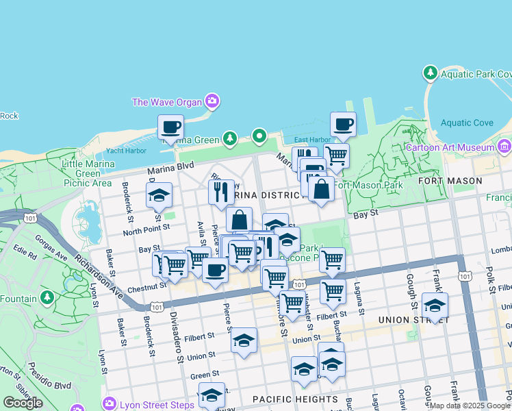 map of restaurants, bars, coffee shops, grocery stores, and more near in San Francisco