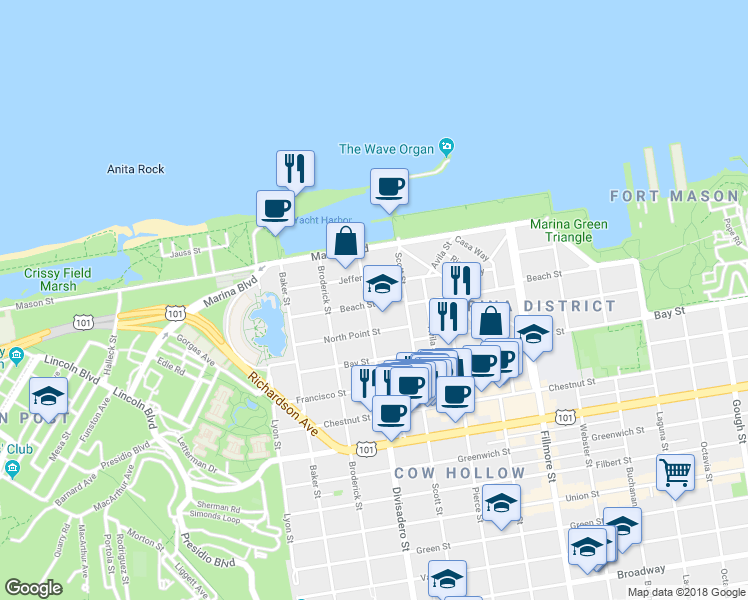 map of restaurants, bars, coffee shops, grocery stores, and more near 1895 Jefferson Street in San Francisco