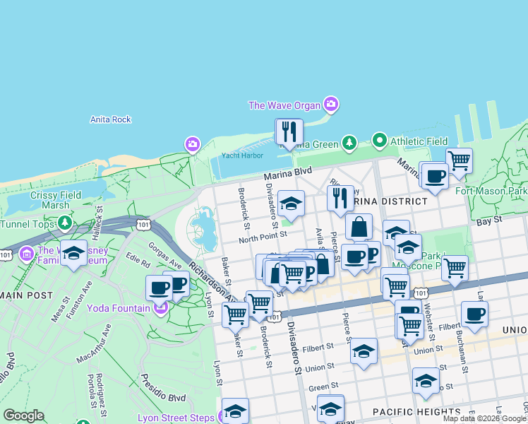 map of restaurants, bars, coffee shops, grocery stores, and more near in San Francisco