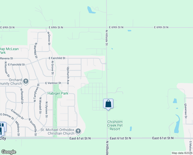 map of restaurants, bars, coffee shops, grocery stores, and more near 6602-6654 North Hillside Street in Wichita