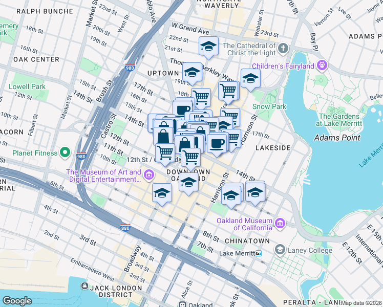 map of restaurants, bars, coffee shops, grocery stores, and more near 1330 Broadway in Oakland