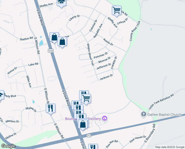 map of restaurants, bars, coffee shops, grocery stores, and more near 107 Daneswood Court in Radcliff