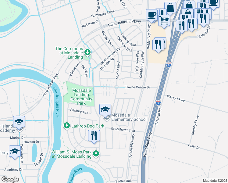 map of restaurants, bars, coffee shops, grocery stores, and more near 17196 Epling Oak Lane in Lathrop
