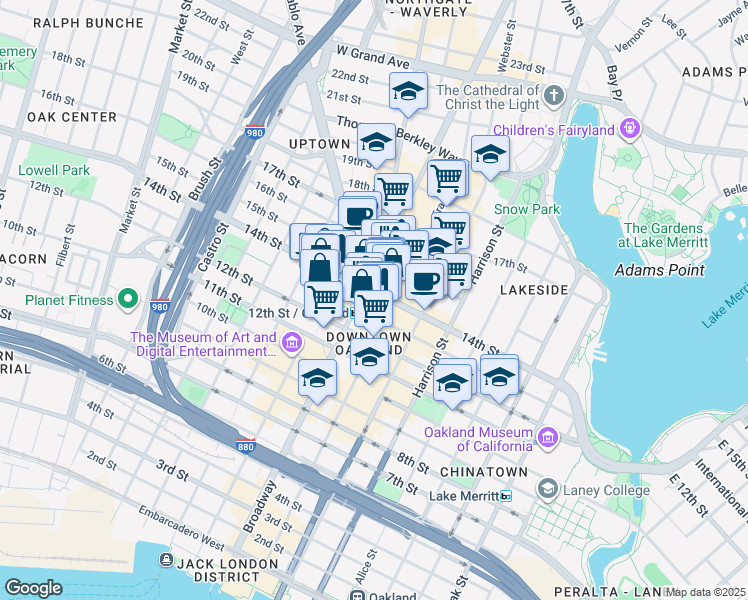 map of restaurants, bars, coffee shops, grocery stores, and more near 1330 Broadway in Oakland