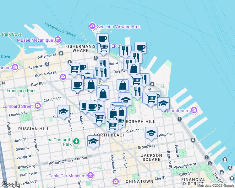 map of restaurants, bars, coffee shops, grocery stores, and more near 251 Chestnut Street in San Francisco