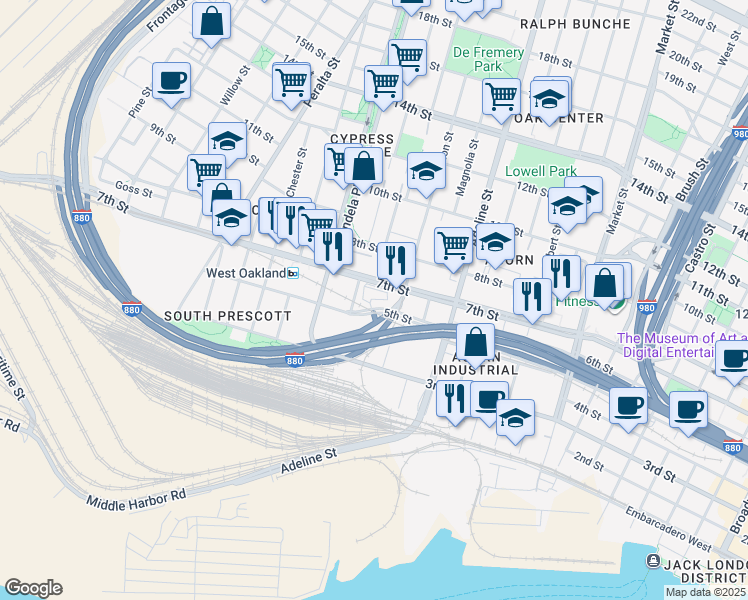 map of restaurants, bars, coffee shops, grocery stores, and more near 1333 7th Street in Oakland