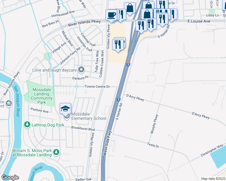 map of restaurants, bars, coffee shops, grocery stores, and more near 17201 Manthey Road in Lathrop