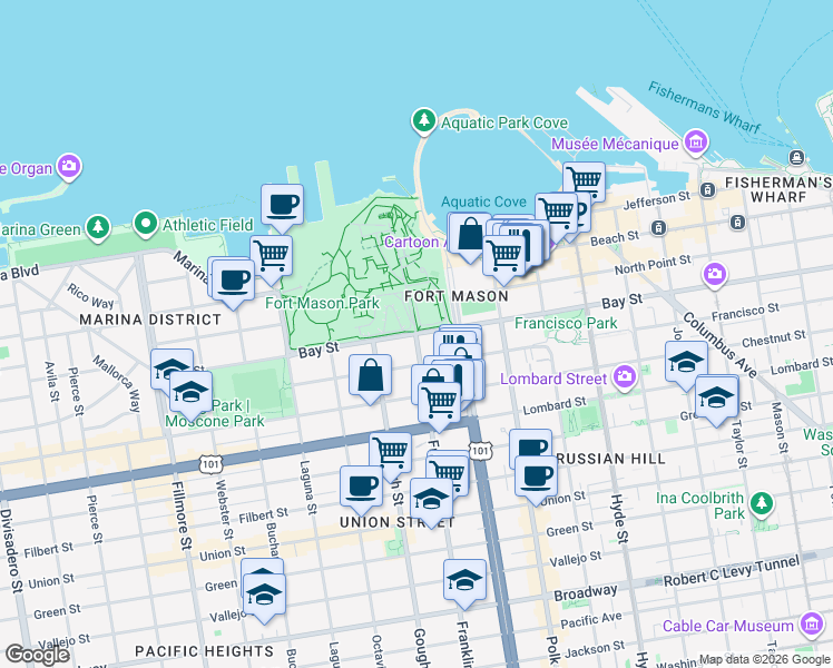map of restaurants, bars, coffee shops, grocery stores, and more near Bay St & Franklin St in San Francisco