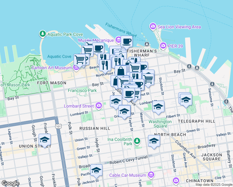 map of restaurants, bars, coffee shops, grocery stores, and more near 36 Houston Street in San Francisco