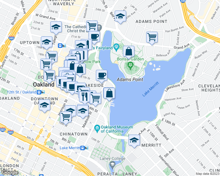 map of restaurants, bars, coffee shops, grocery stores, and more near in Oakland