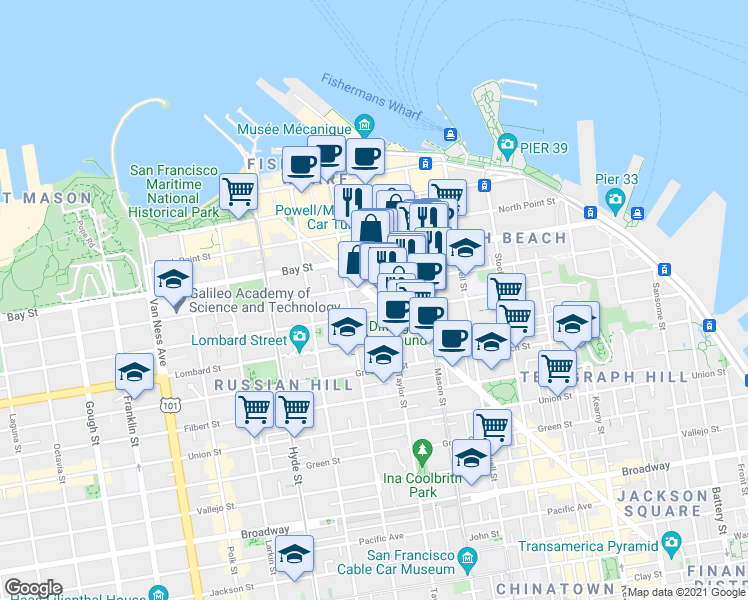 map of restaurants, bars, coffee shops, grocery stores, and more near 2 Houston Street in San Francisco