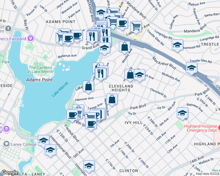 map of restaurants, bars, coffee shops, grocery stores, and more near 457 Hanover Avenue in Oakland