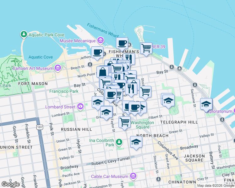 map of restaurants, bars, coffee shops, grocery stores, and more near 600 Chestnut Street in San Francisco