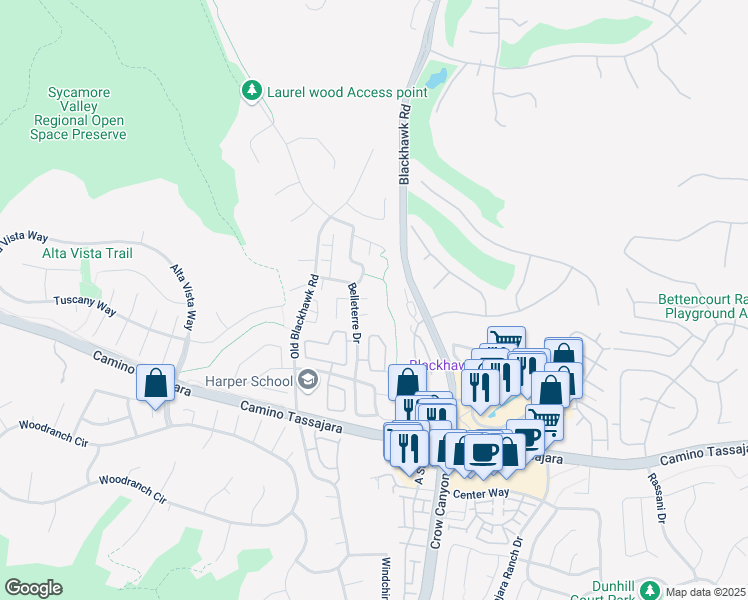 map of restaurants, bars, coffee shops, grocery stores, and more near 507 Chatelaine Court in Danville
