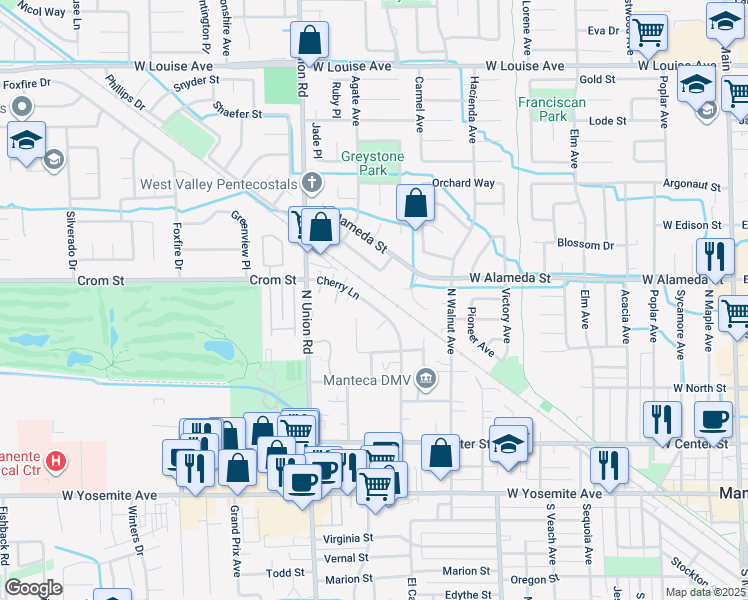 map of restaurants, bars, coffee shops, grocery stores, and more near 459 North Walnut Avenue in Manteca