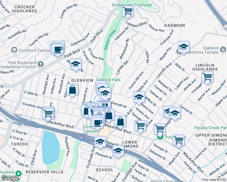 map of restaurants, bars, coffee shops, grocery stores, and more near 3836 Lyman Road in Oakland