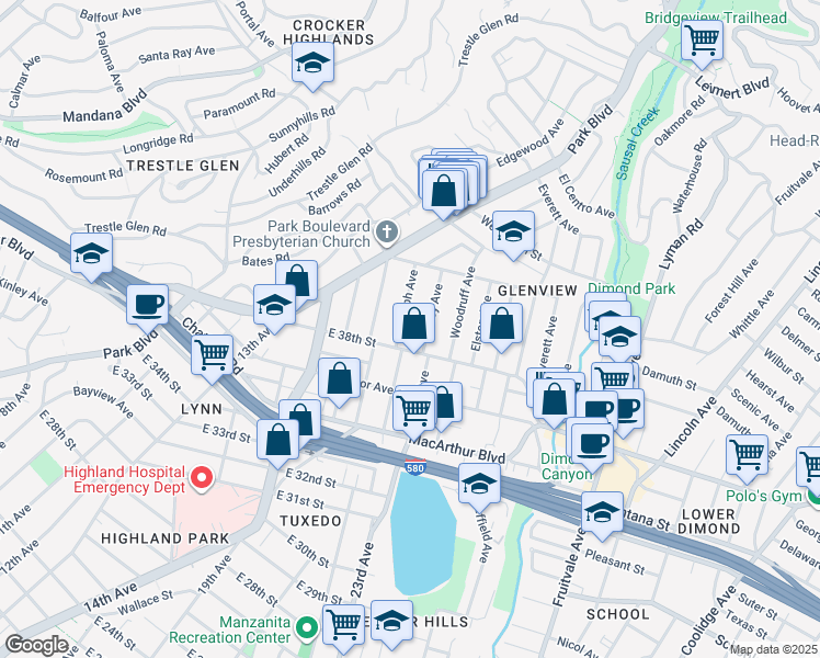 map of restaurants, bars, coffee shops, grocery stores, and more near 3855 Randolph Avenue in Oakland