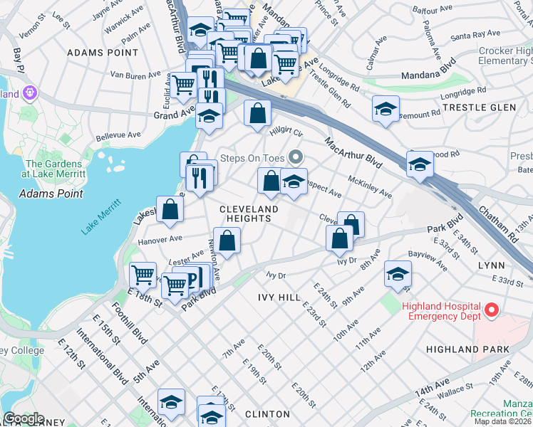 map of restaurants, bars, coffee shops, grocery stores, and more near 527 Athol Avenue in Oakland
