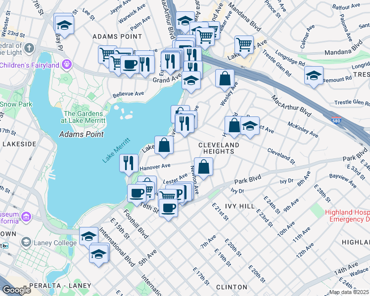 map of restaurants, bars, coffee shops, grocery stores, and more near 479 Wesley Avenue in Oakland