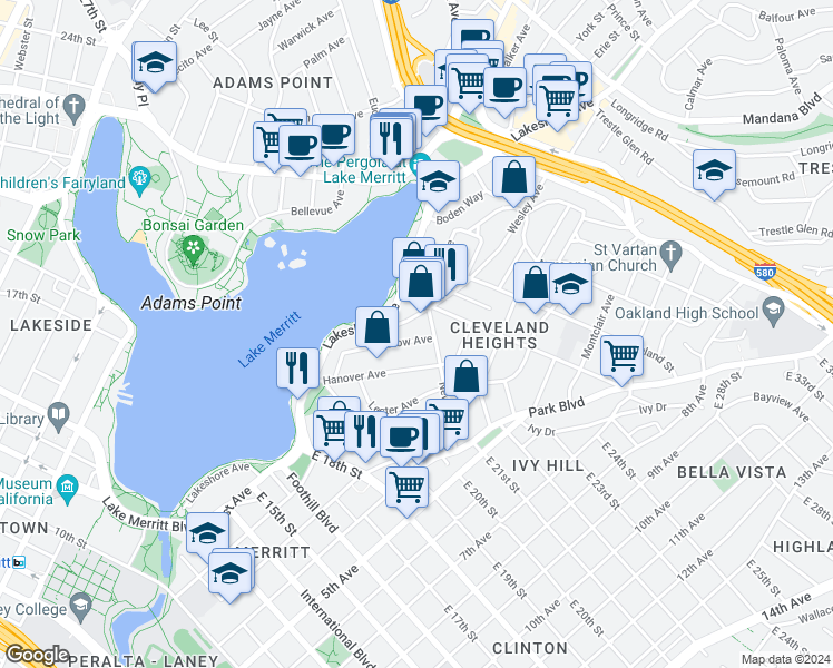 map of restaurants, bars, coffee shops, grocery stores, and more near 479 Wesley Avenue in Oakland