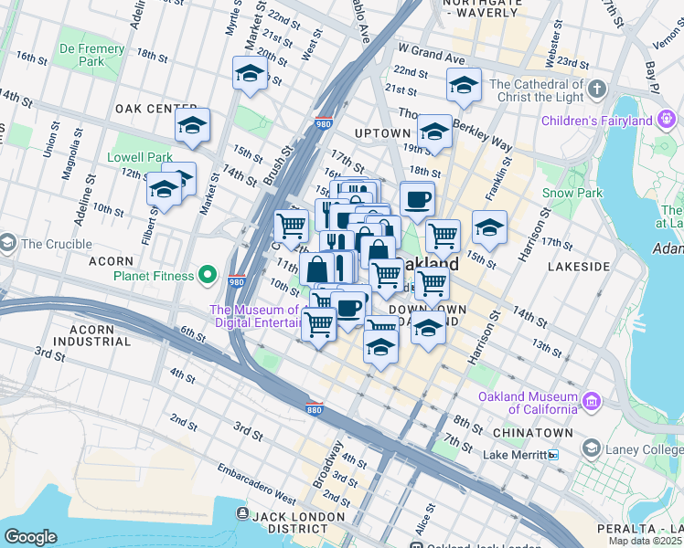 map of restaurants, bars, coffee shops, grocery stores, and more near 1100 Jefferson Street in Oakland