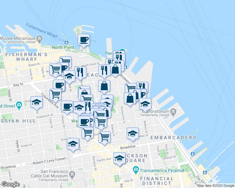 map of restaurants, bars, coffee shops, grocery stores, and more near 151 Chestnut Street in San Francisco