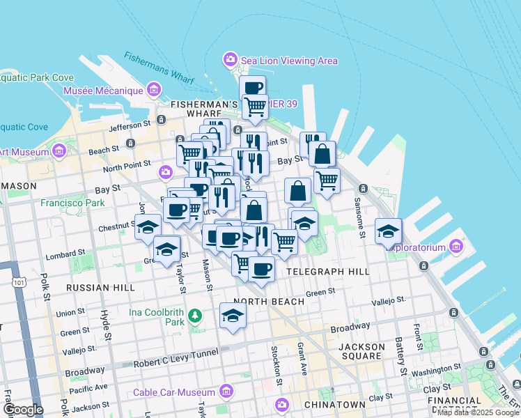map of restaurants, bars, coffee shops, grocery stores, and more near in San Francisco