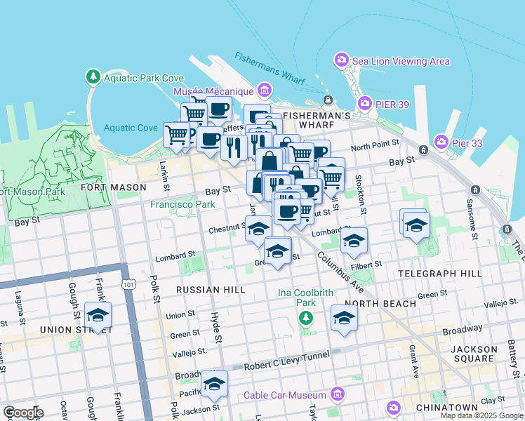 map of restaurants, bars, coffee shops, grocery stores, and more near 1111 Columbus Avenue in San Francisco