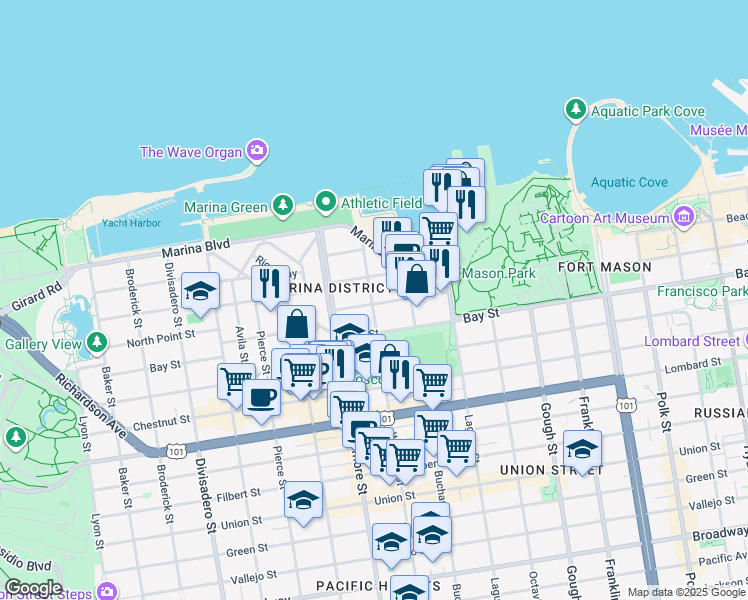 map of restaurants, bars, coffee shops, grocery stores, and more near in San Francisco