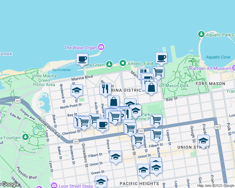map of restaurants, bars, coffee shops, grocery stores, and more near in San Francisco