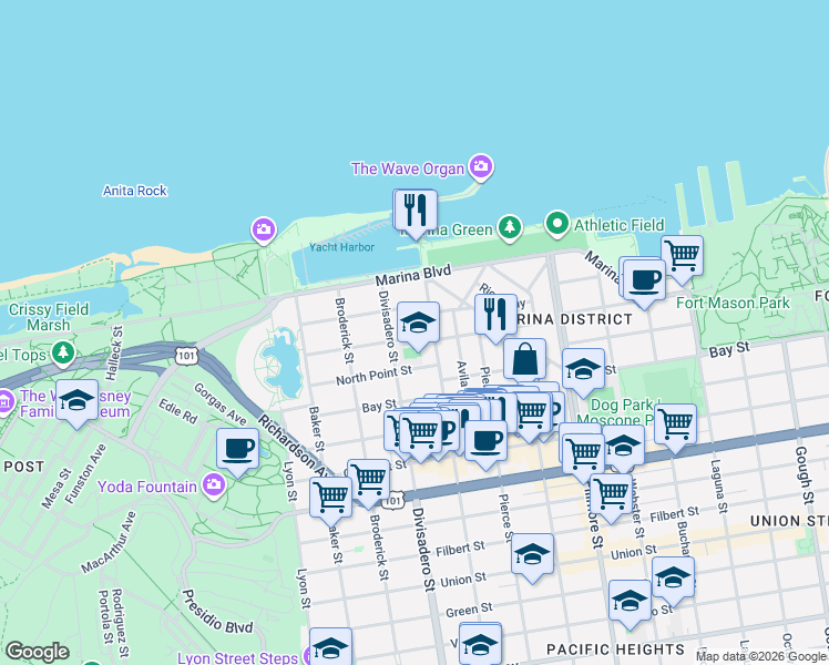 map of restaurants, bars, coffee shops, grocery stores, and more near 2 Prado Street in San Francisco