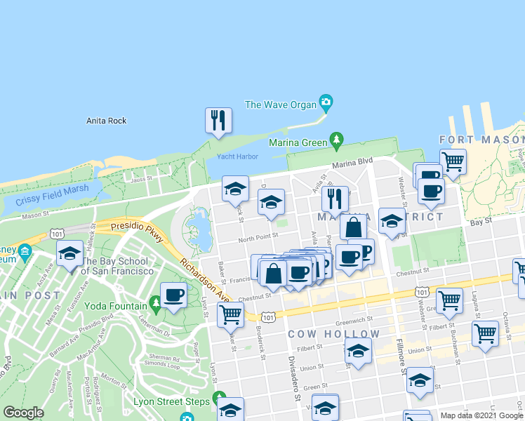 map of restaurants, bars, coffee shops, grocery stores, and more near 1895 Jefferson Street in San Francisco