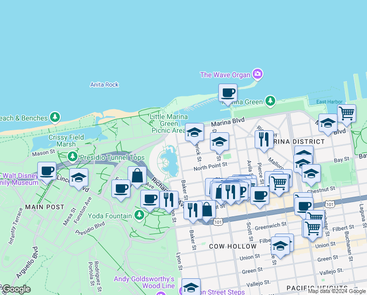 map of restaurants, bars, coffee shops, grocery stores, and more near 2056 Jefferson Street in San Francisco