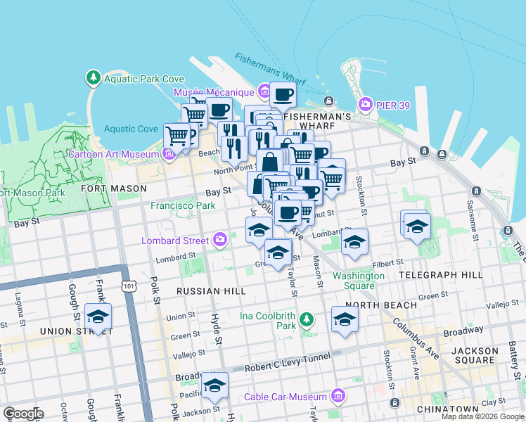 map of restaurants, bars, coffee shops, grocery stores, and more near 28 Houston Street in San Francisco
