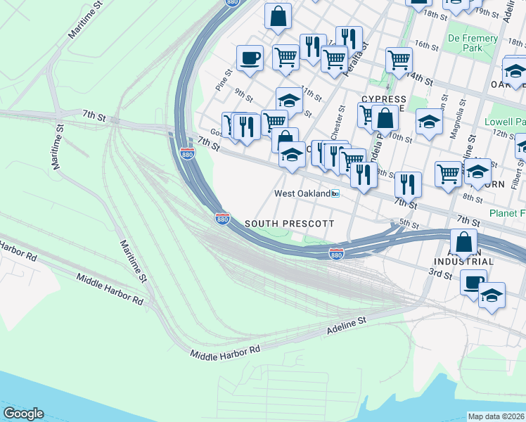 map of restaurants, bars, coffee shops, grocery stores, and more near 103 3rd Street in Alameda