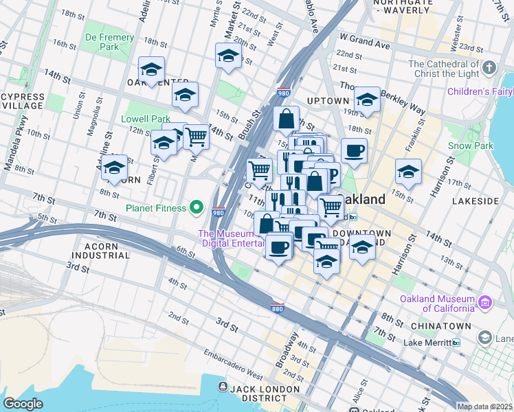 map of restaurants, bars, coffee shops, grocery stores, and more near 653 11th Street in Oakland