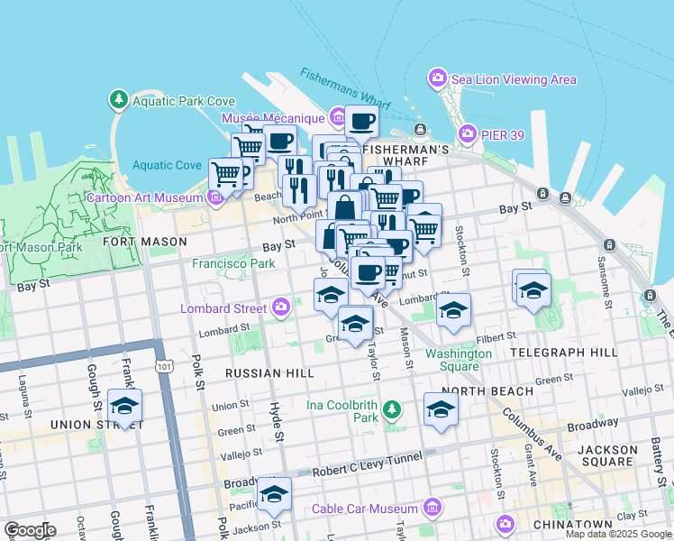 map of restaurants, bars, coffee shops, grocery stores, and more near 2 Houston Street in San Francisco