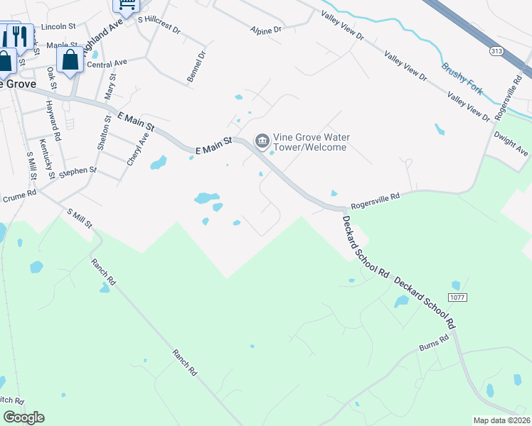 map of restaurants, bars, coffee shops, grocery stores, and more near 116 Lowball Lane in Vine Grove