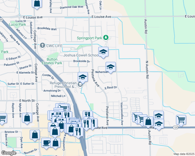 map of restaurants, bars, coffee shops, grocery stores, and more near 561 Micheletos Way in Manteca