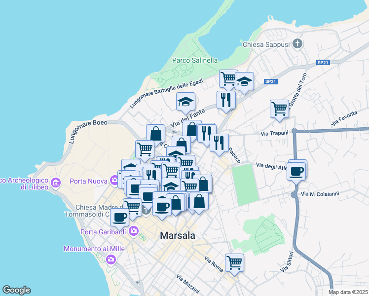 map of restaurants, bars, coffee shops, grocery stores, and more near 1 Piazza Paolo Borsellino in Marsala