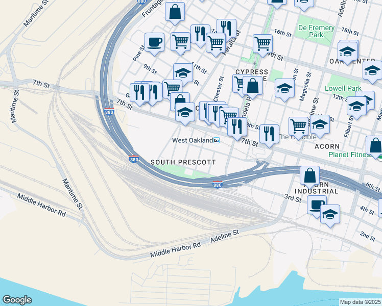 map of restaurants, bars, coffee shops, grocery stores, and more near 350 Henry Street in Oakland