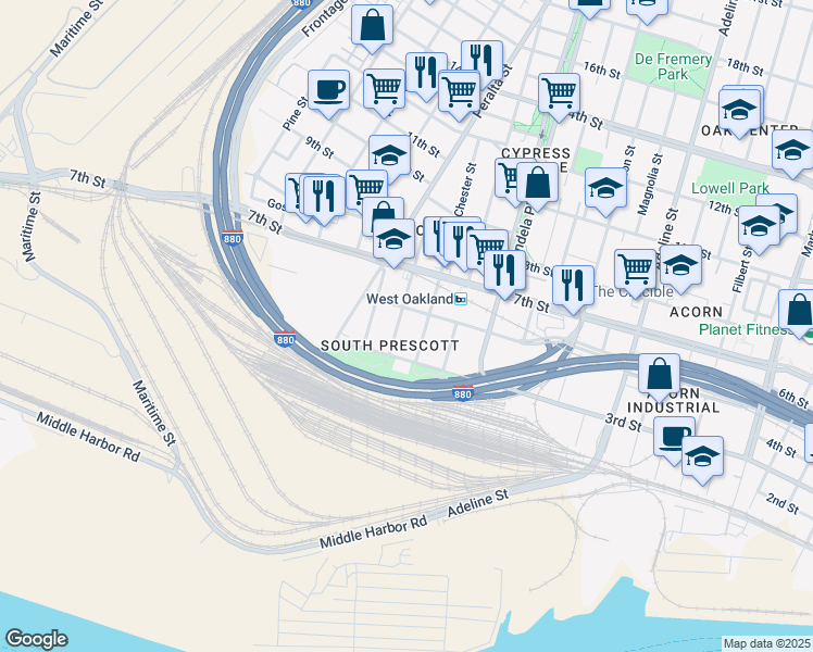 map of restaurants, bars, coffee shops, grocery stores, and more near 350 Henry Street in Oakland