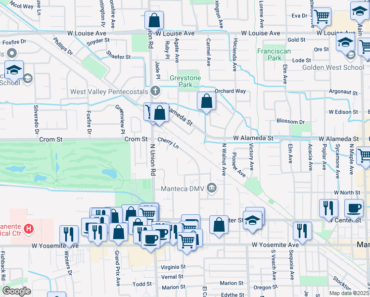 map of restaurants, bars, coffee shops, grocery stores, and more near 426 Cherry Lane in Manteca