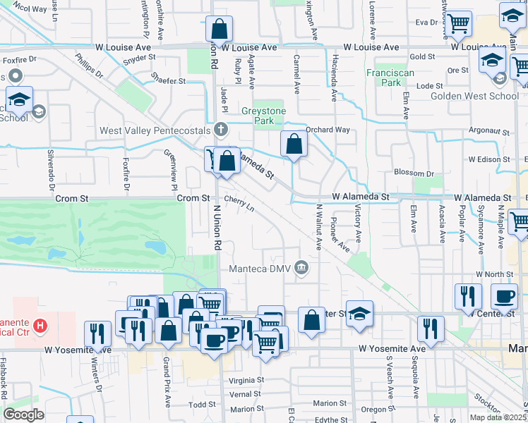 map of restaurants, bars, coffee shops, grocery stores, and more near 456 Cherry Lane in Manteca