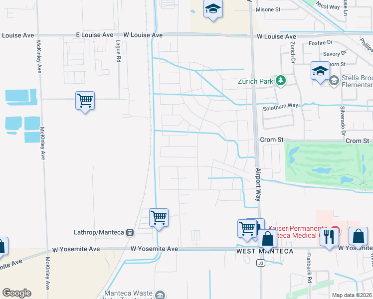 map of restaurants, bars, coffee shops, grocery stores, and more near 511 North Airport Way in Manteca